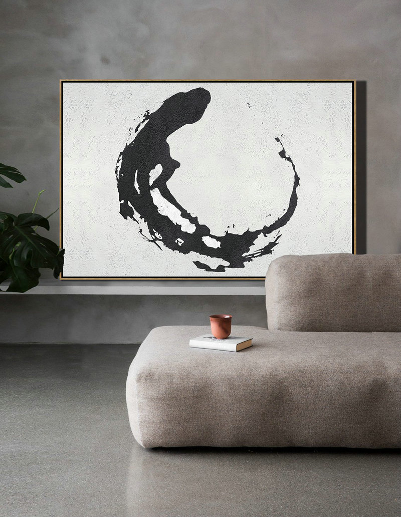 Hand Painted Original Art,Oversized Horizontal Minimalist Abstract Art On Canvas, Black And White Minimalist Painting - Handmade Acrylic Painting